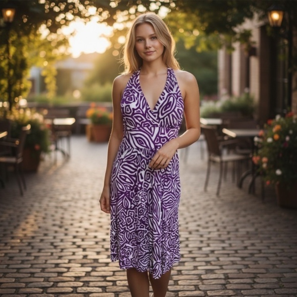 Banana Republic Purple and White Fit and Flare Dress Silk Blend Size Medium